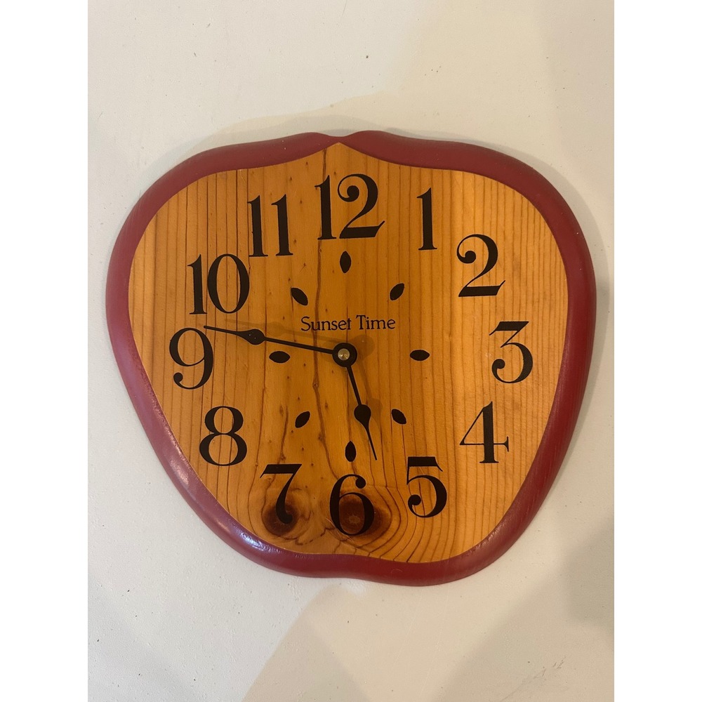 Vintage Sunset Time Wall Clock Apple Shape Rustic Farmhouse Decor Red Border